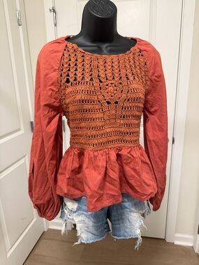 Woven Crochet Peplum Peasant Backless Top - Rust